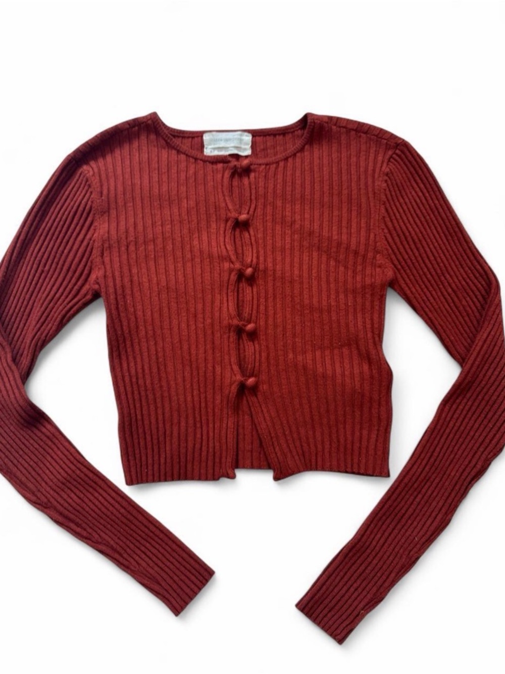 Urban Outfitters Ribbed Long-Sleeve Button Cardigan - Rust Red